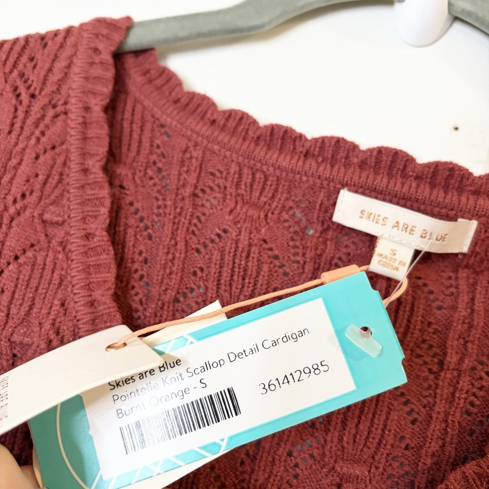 Skies Are Blue Pointelle Knit Scallop Detail Cardigan Burnt Orange Stitch Fix S - Picture 4 of 5